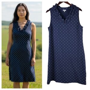 Talbots Dress Sundress Sz Large 12 14 Polka Dot Navy Blue Ruffle Coastal Slvlss